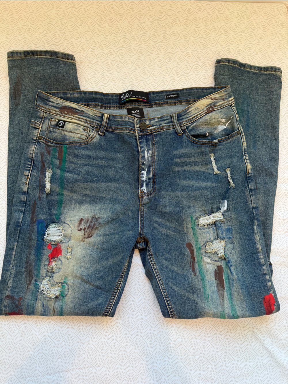 SMITH Blue Distressed Boyfriend Jeans with Multicolor Paint Accents